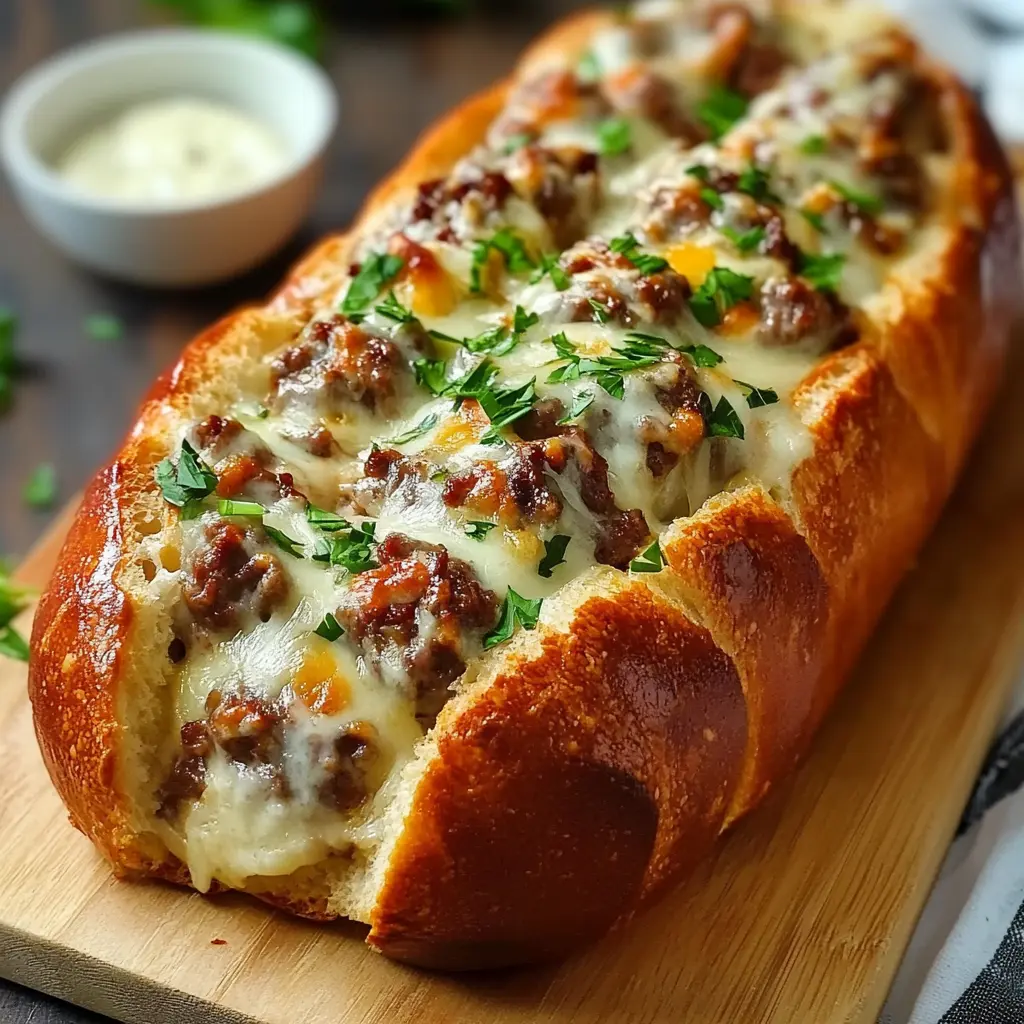 Philly Cheesesteak-Stuffed Garlic Loaf: A Must-Try Feast 3 PHILLY CHEESESTEAK STUFFED GARLIC BREAD LOAF centered hero view, clean and uncluttered