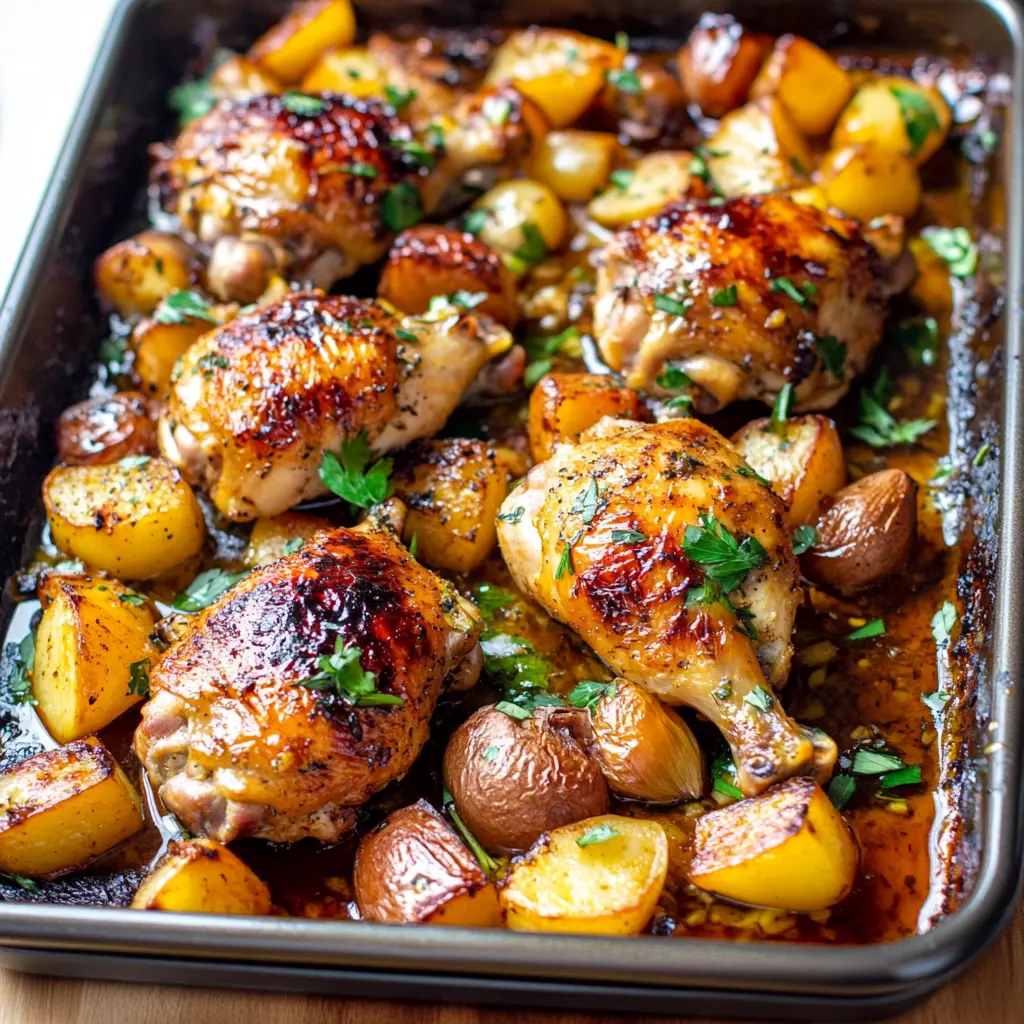 SHEET PAN HONEY GARLIC CHICKEN centered hero view, clean and uncluttered