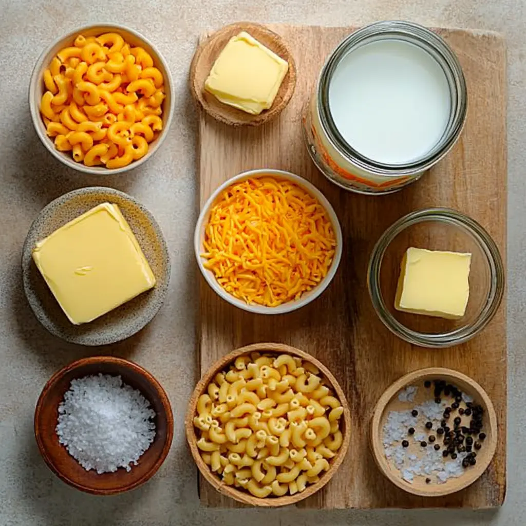 Ingredients for Southern Mac and Cheese Baked, clean and uncluttered