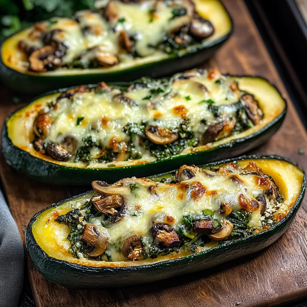 SPINACH MUSHROOM AND RICOTTA STUFFED ZUCCHINI BOATS centered hero view, clean and uncluttered