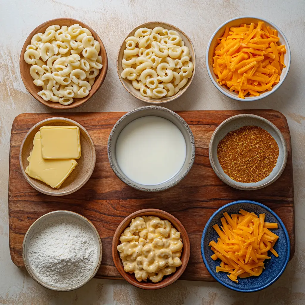 Ingredients for stovetop mac and cheese laid out neatly