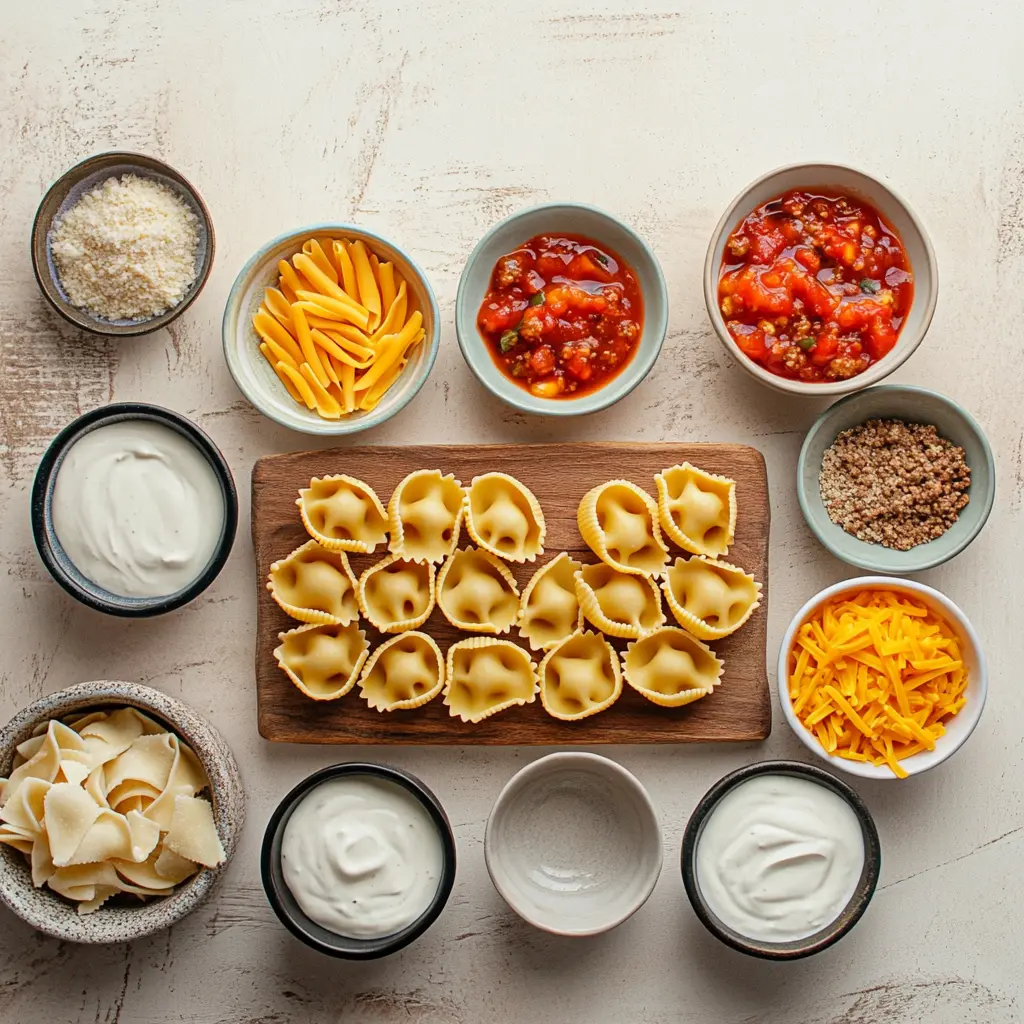 TACO PASTA CASSEROLE centered hero view, clean and uncluttered