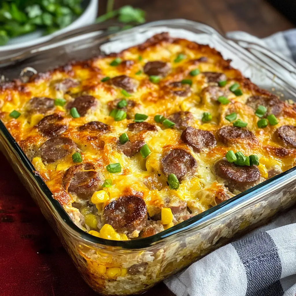 Turkey Sausage Breakfast Casserole centered hero view, clean and uncluttered