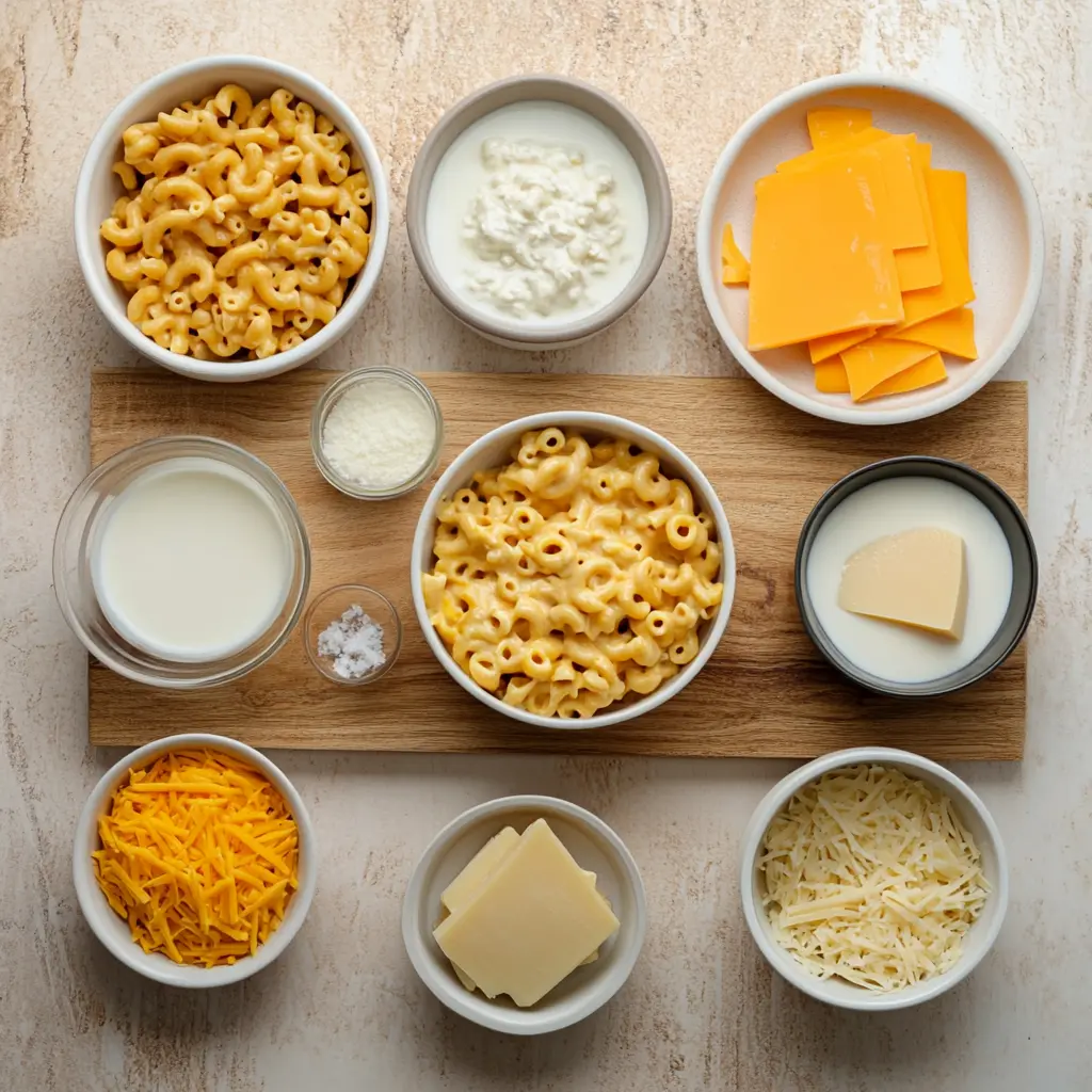 Ultra Creamy One Pot Mac and Cheese for Happy Meals 3 Ingredients for Ultra Creamy One Pot Mac and Cheese, neatly arranged