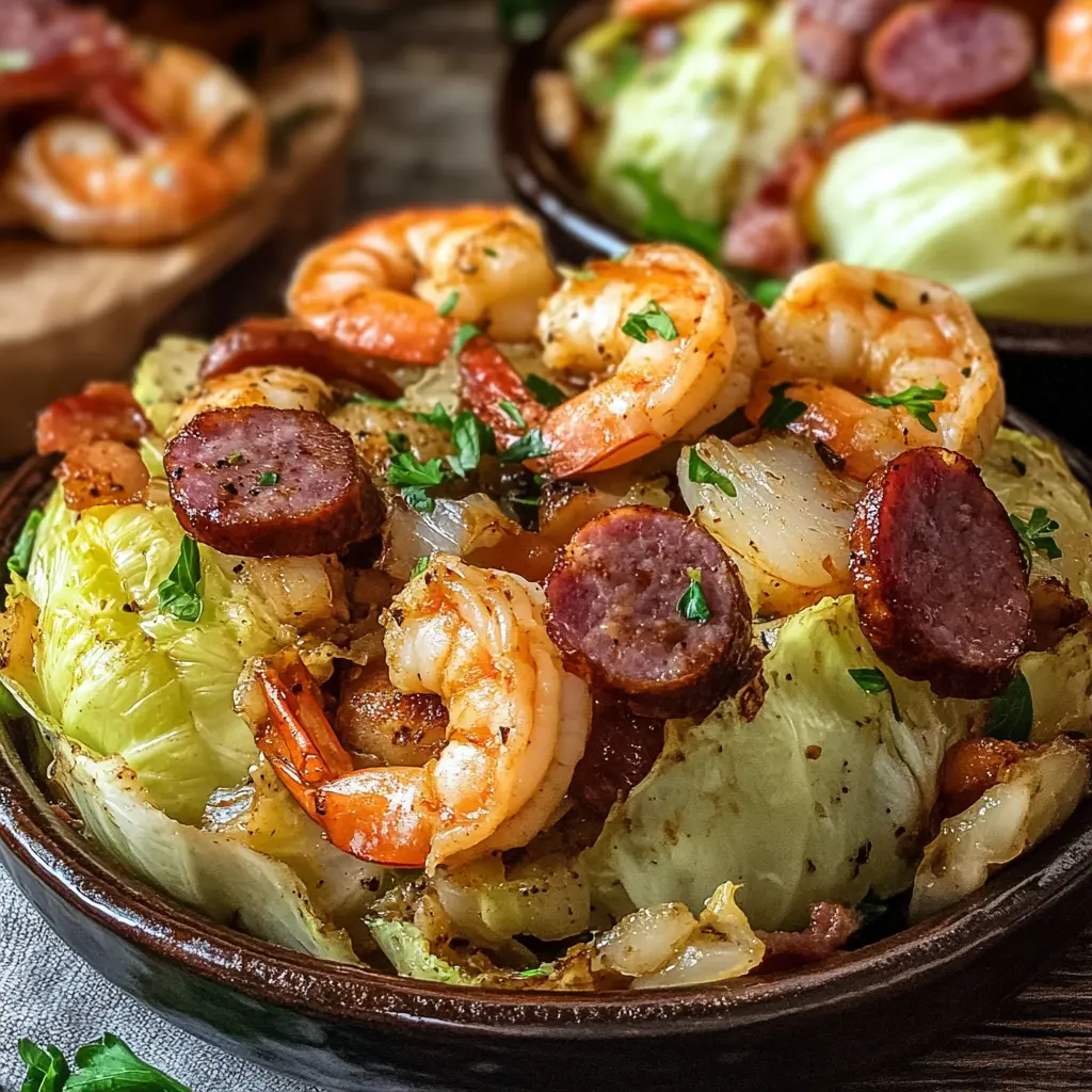 VIRAL CABBAGE BOIL WITH SAUSAGE SHRIMP AND BACON centered hero view, clean and uncluttered