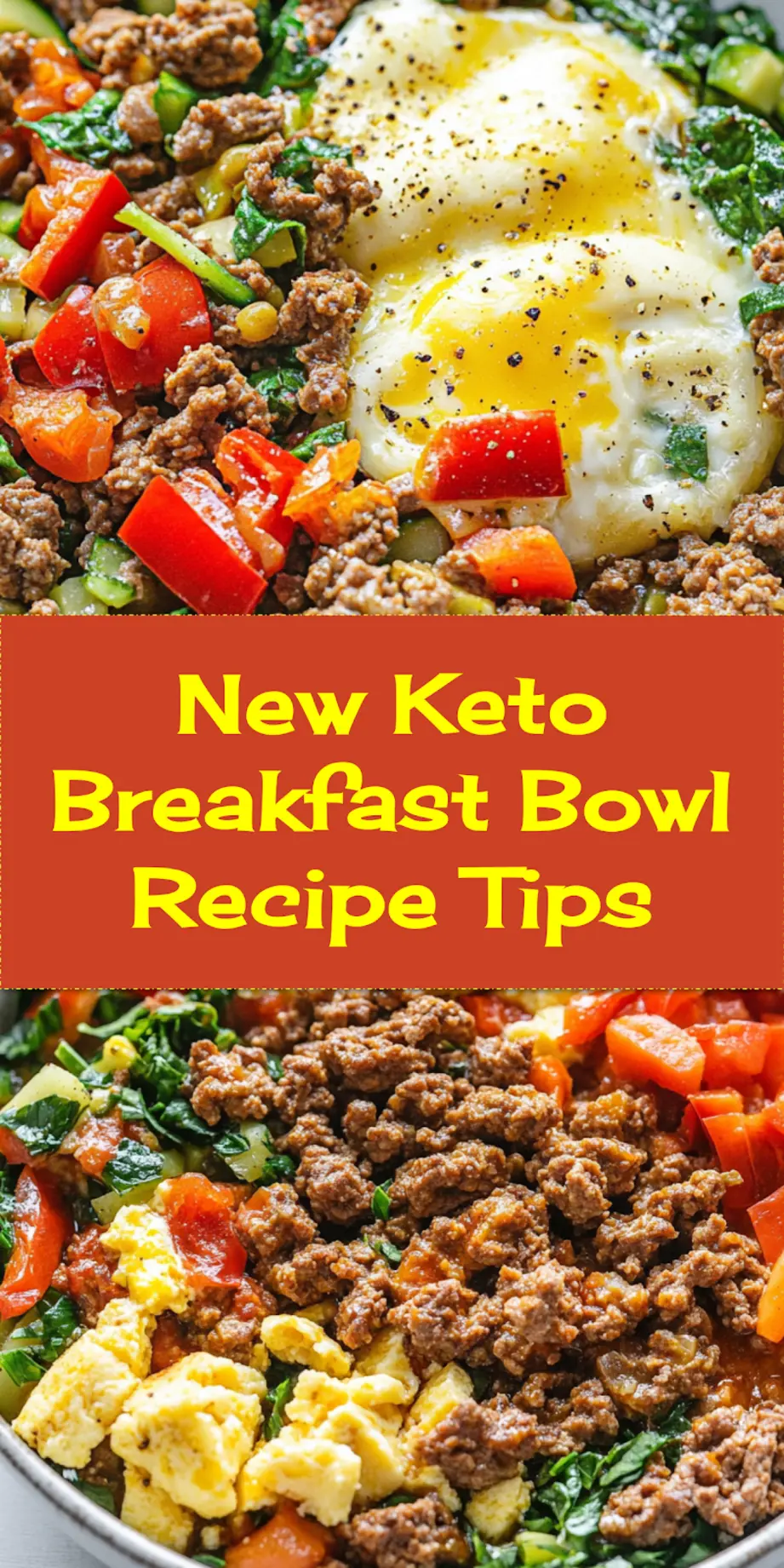 A delicious Keto Breakfast Bowl with fluffy scrambled eggs, savory sausage, vibrant bell peppers, and fresh spinach, photographed from a top-down view.