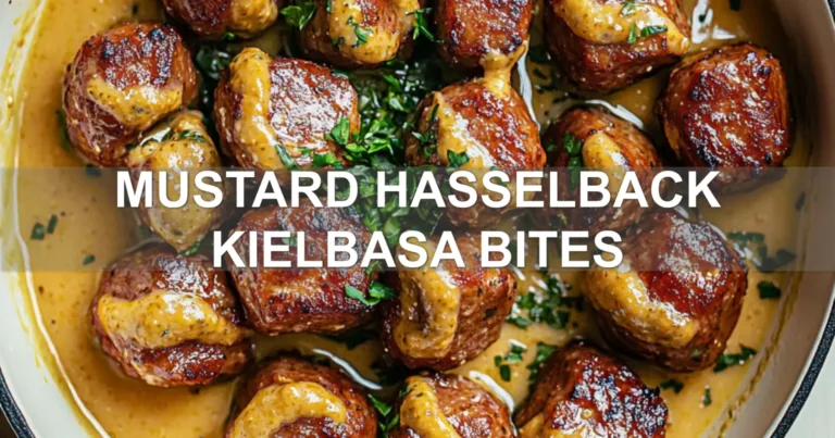 MUSTARD HASSELBACK KIELBASA BITES centered hero view, clean and uncluttered