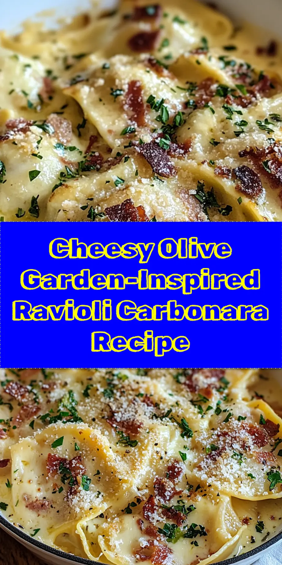 Olive Garden Inspired Ravioli Carbonara centered hero view, clean and uncluttered_pin
