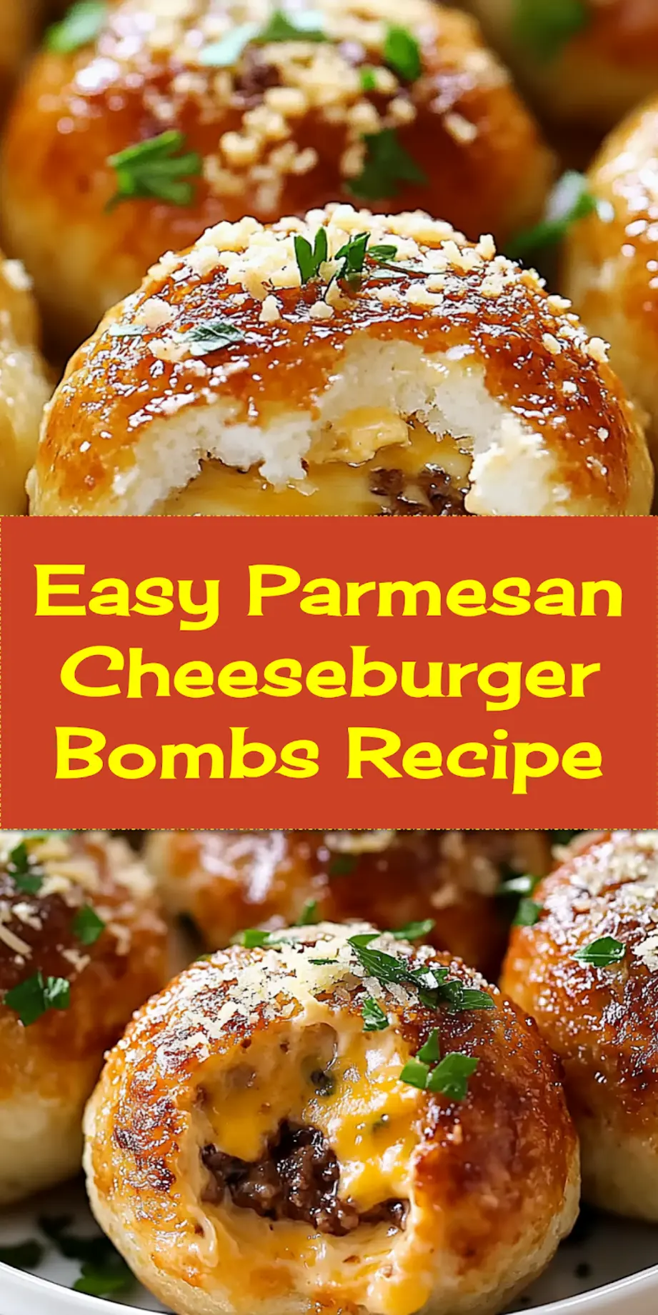Discover Parmesan Cheeseburger Bombs For Game Day Fun 4 Golden brown Parmesan Cheeseburger Bombs arranged on a baking sheet, ready to be served.