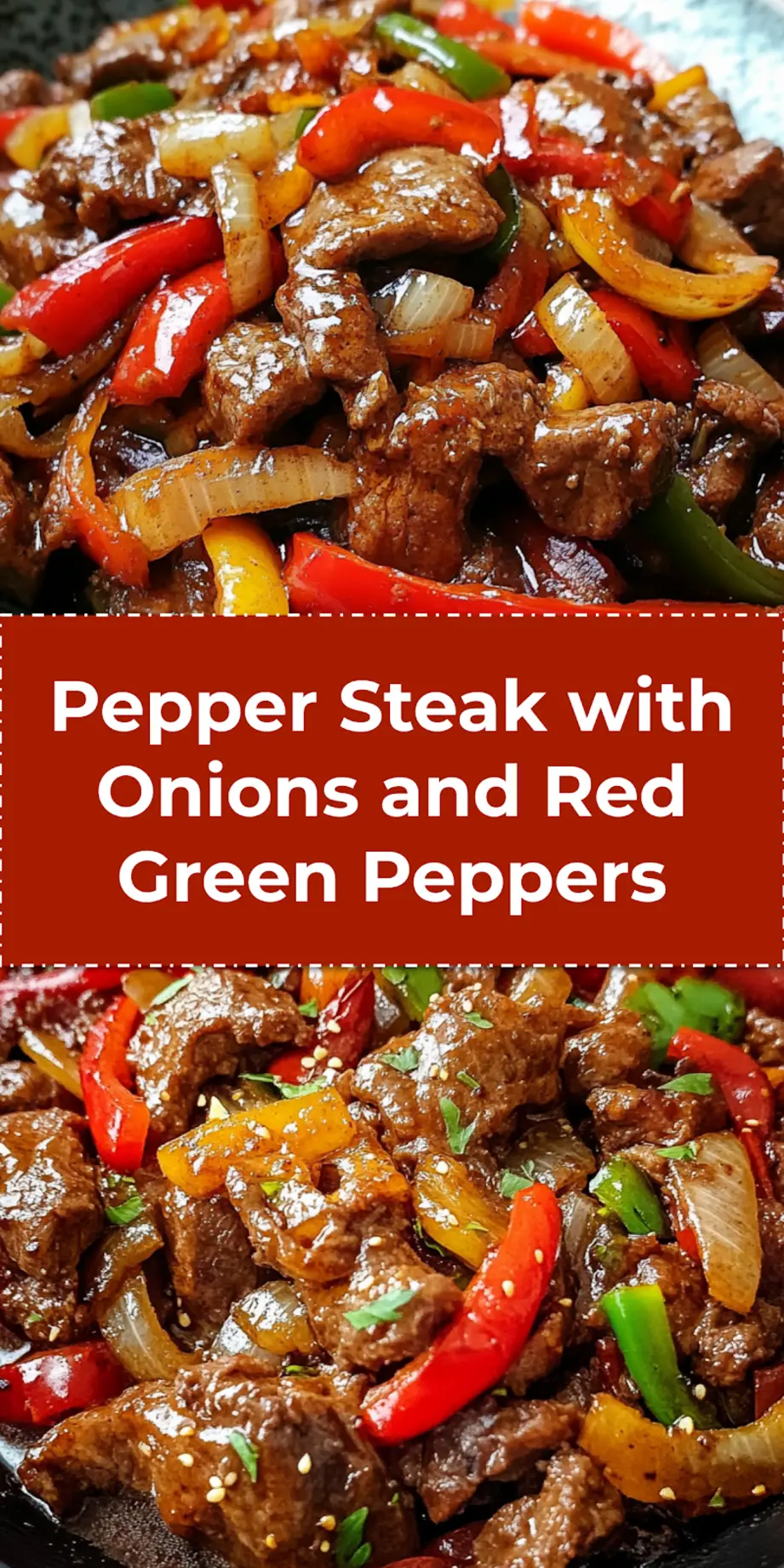 Juicy Pepper Steak with Bell Peppers and Onion for Dinner 4 PEPPER STEAK WITH BELL PEPPERS AND ONION centered hero view, clean and uncluttered_pin