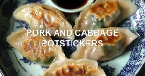 PORK AND CABBAGE POTSTICKERS centered hero view, clean and uncluttered