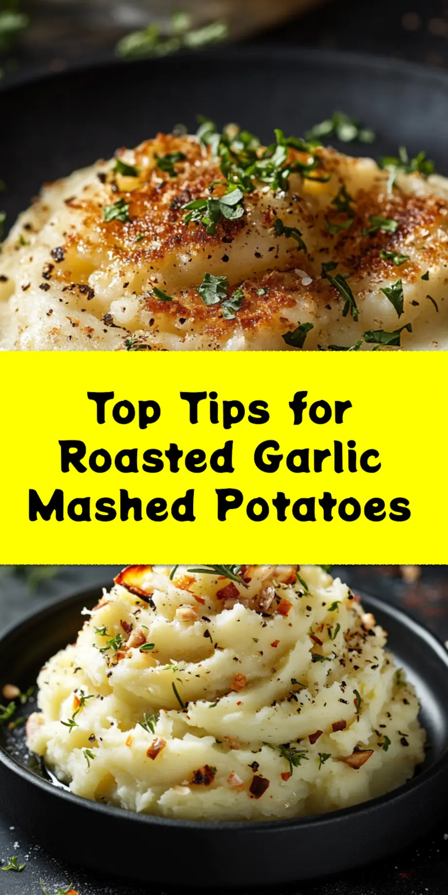 Easy and Delicious Roasted Garlic Mashed Potatoes 4 ROASTED GARLIC MASHED POTATOES centered hero view, clean and uncluttered_pin
