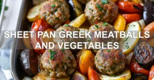 SHEET PAN GREEK MEATBALLS AND VEGETABLES centered hero view, clean and uncluttered