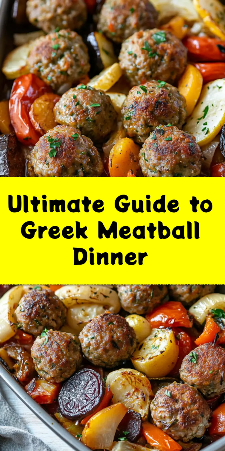 Finished Sheet Pan Greek Meatballs and Vegetables served with pita bread and a side, ready to eat.