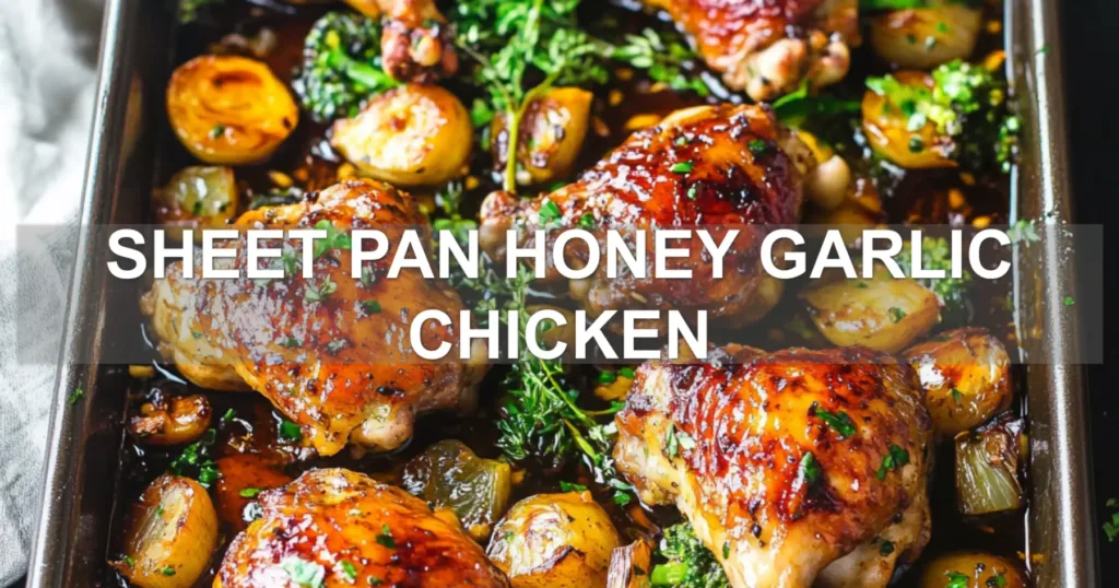 SHEET PAN HONEY GARLIC CHICKEN centered hero view, clean and uncluttered