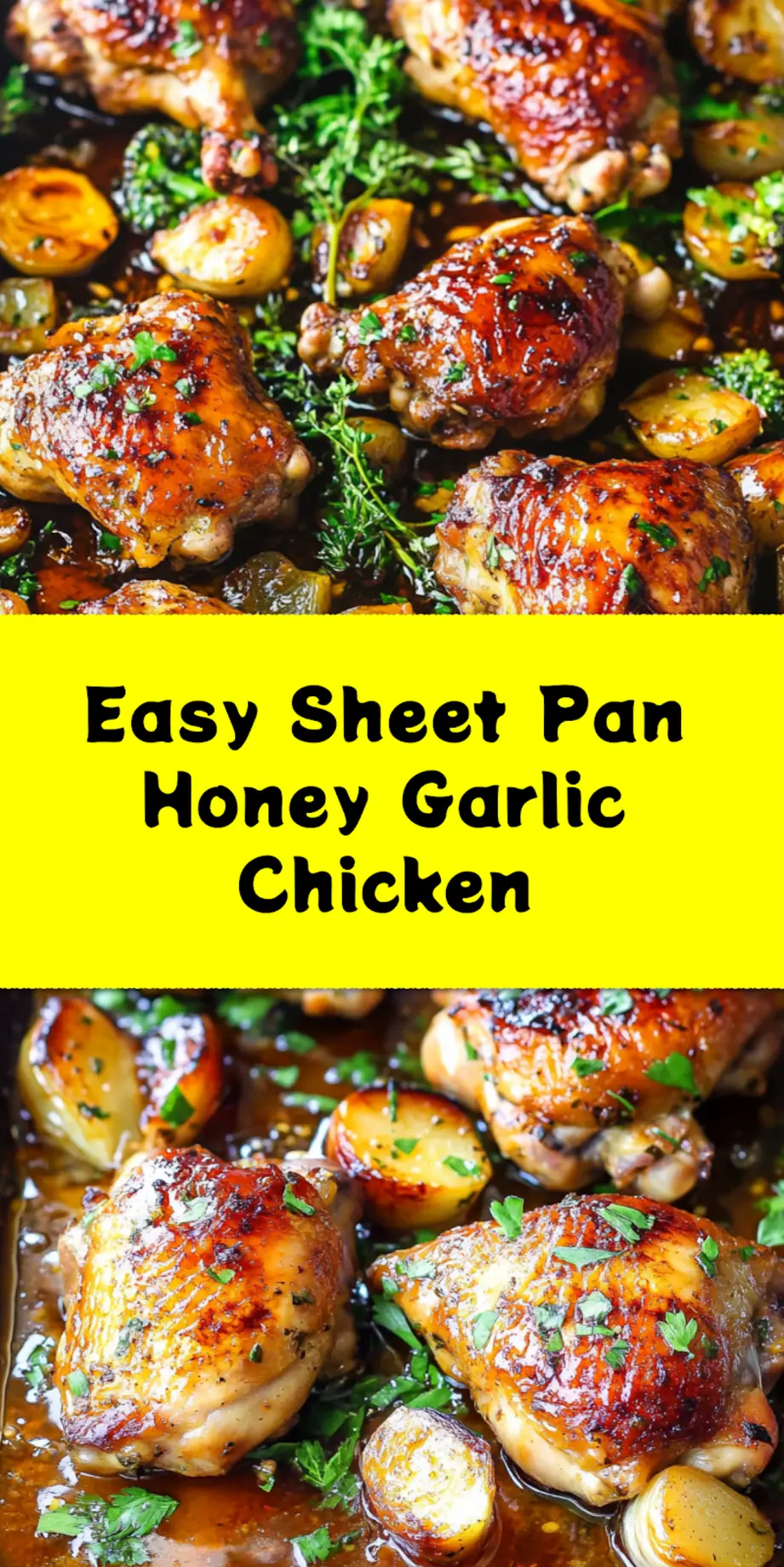 SHEET PAN HONEY GARLIC CHICKEN centered hero view, clean and uncluttered_pin