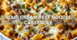 SOUR CREAM BEEF NOODLE CASSEROLE centered hero view, clean and uncluttered