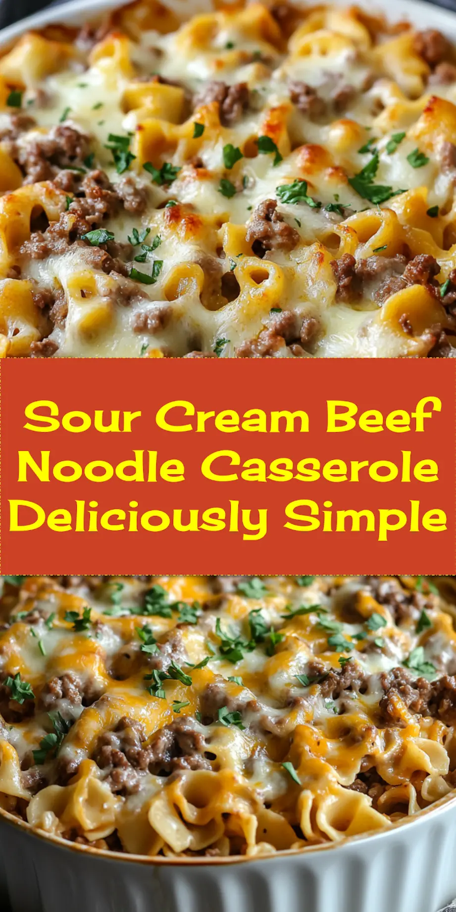 SOUR CREAM BEEF NOODLE CASSEROLE centered hero view, clean and uncluttered_pin