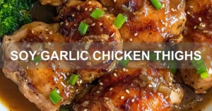 SOY GARLIC CHICKEN THIGHS centered hero view, clean and uncluttered