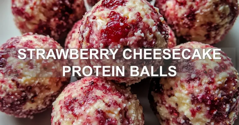 STRAWBERRY CHEESECAKE PROTEIN BALLS centered hero view, clean and uncluttered