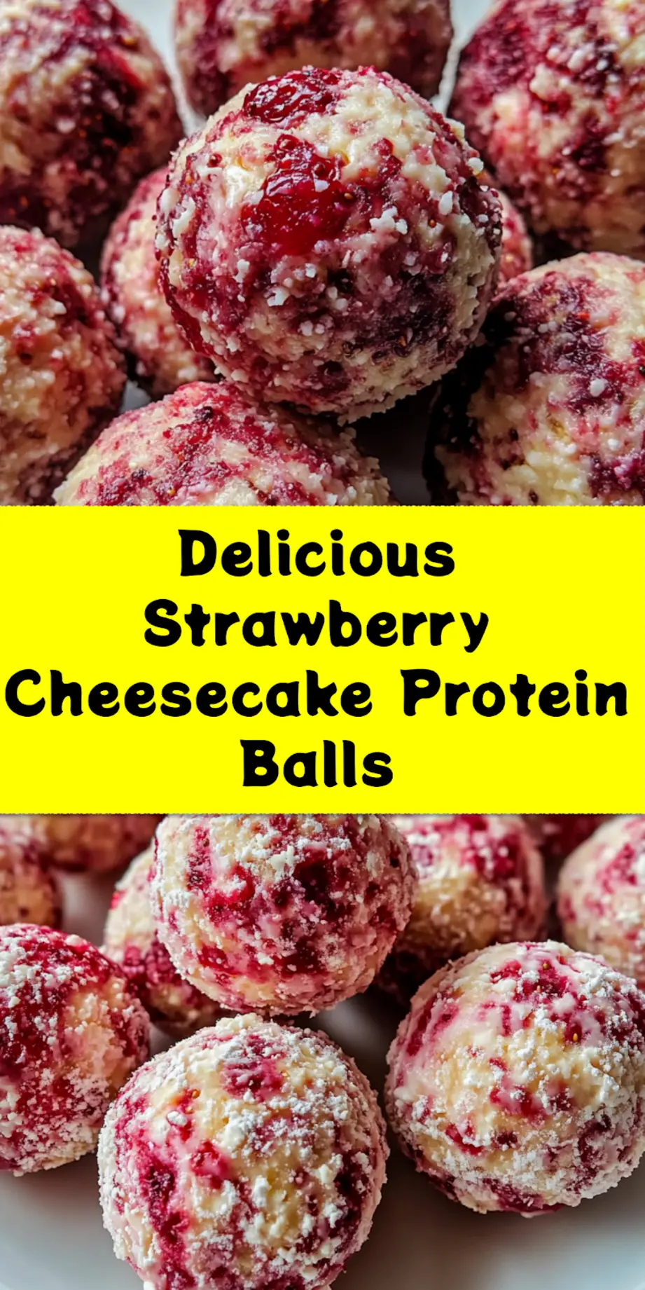 STRAWBERRY CHEESECAKE PROTEIN BALLS centered hero view, clean and uncluttered_pin