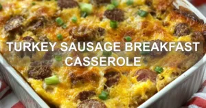 TURKEY SAUSAGE BREAKFAST CASSEROLE centered hero view, clean and uncluttered