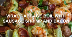 VIRAL CABBAGE BOIL WITH SAUSAGE SHRIMP AND BACON centered hero view, clean and uncluttered