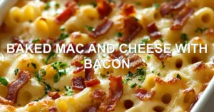 Baked mac and cheese with bacon in white dish, golden crusty top with crispy bacon pieces