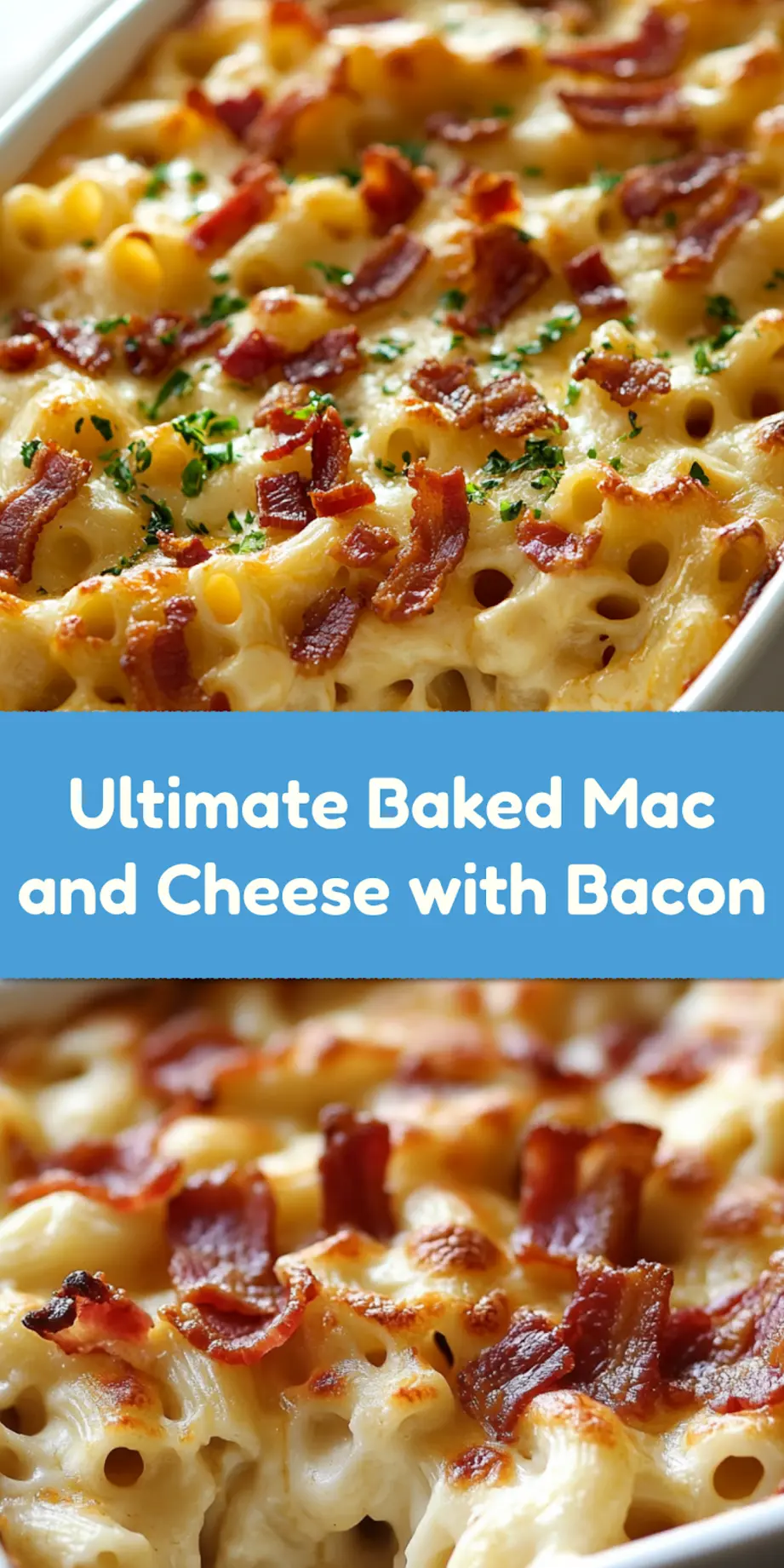 Baked mac and cheese with bacon in a white dish, featuring a golden crusty top and crispy bacon pieces