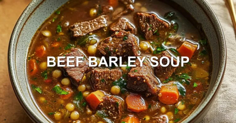 BEEF BARLEY SOUP in rustic bowl, centered hero shot with tender beef chunks and pearl barley in rich broth