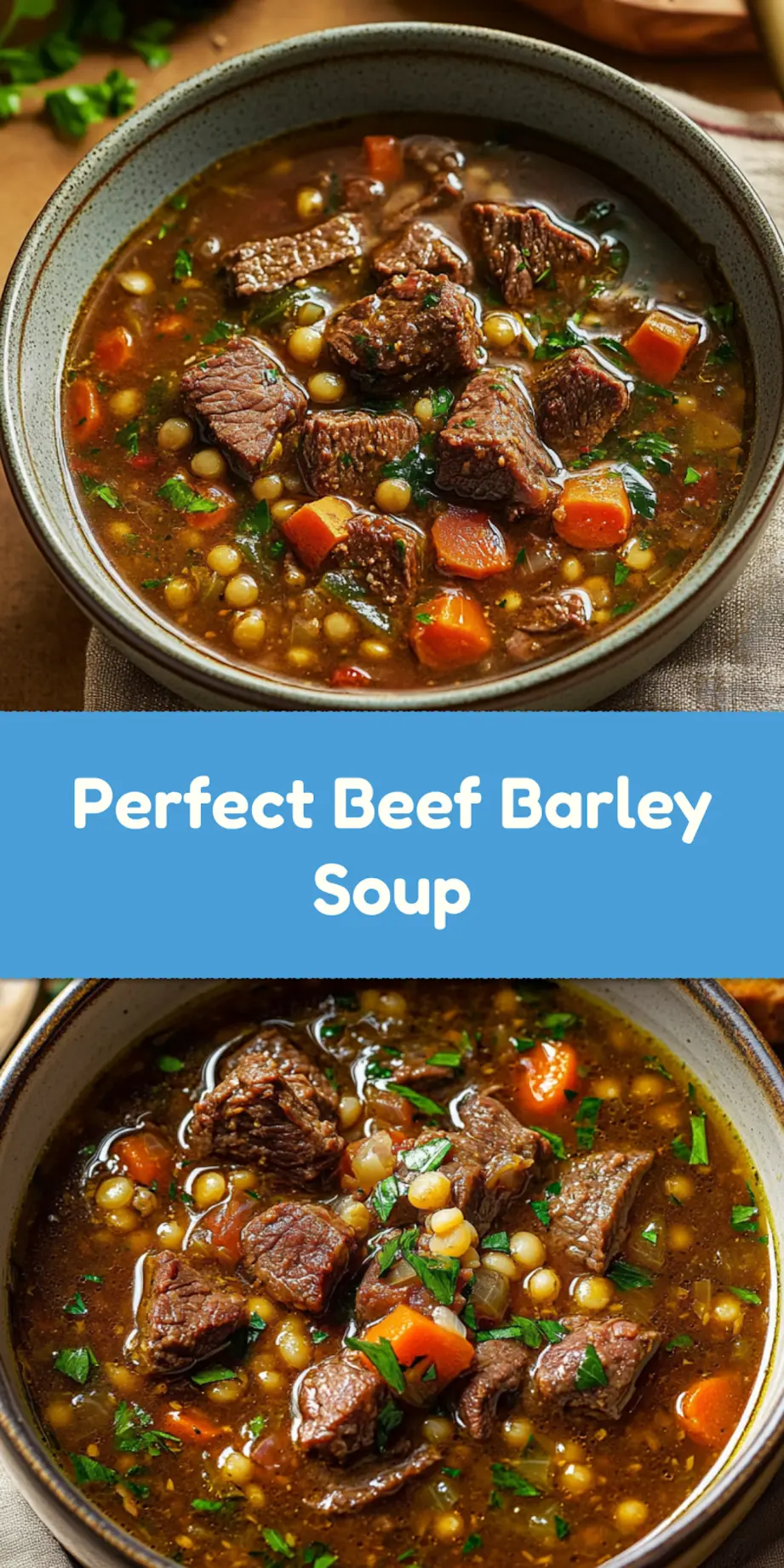 BEEF BARLEY SOUP in rustic bowl, centered hero shot with tender beef chunks and pearl barley in rich broth