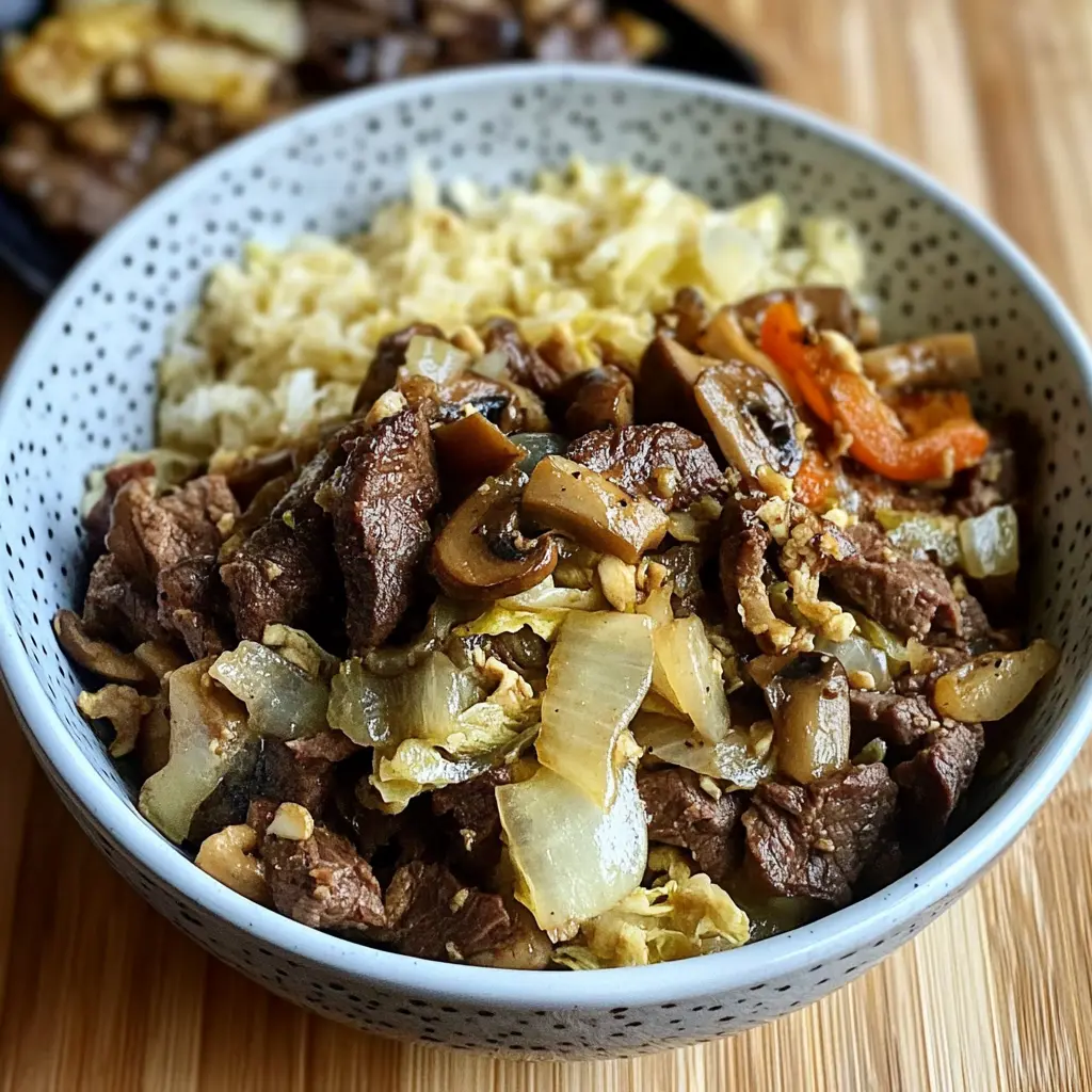 BEEF MUSHROOM AND CABBAGE BOWL centered hero view, clean and uncluttered