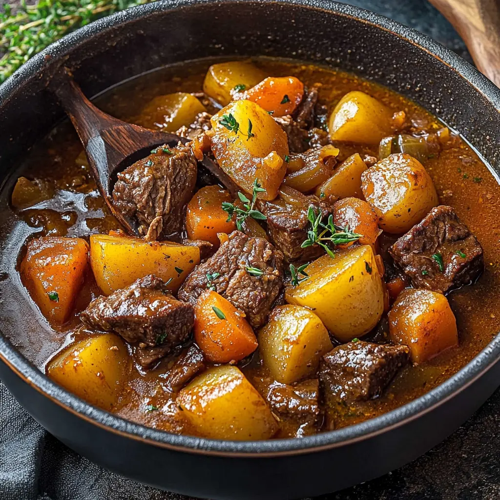 BEEF STEW WITH POTATOES AND CARROTS centered hero view, clean and uncluttered