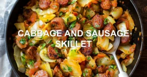 Cabbage and Sausage Skillet: Quick Tempting Dinner CABBAGE AND SAUSAGE SKILLET centered hero view, clean and uncluttered