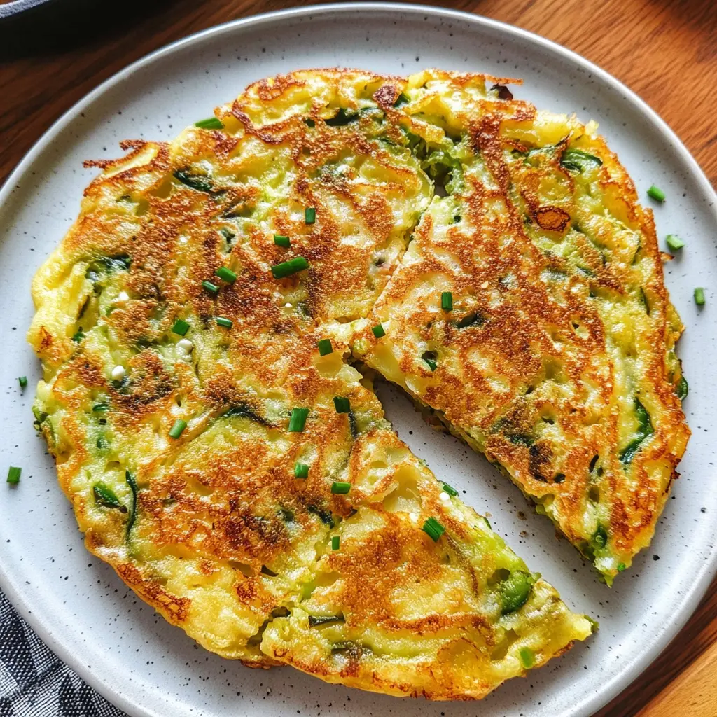 Golden cabbage pancake with crispy edges and fresh dill on a clean white plate