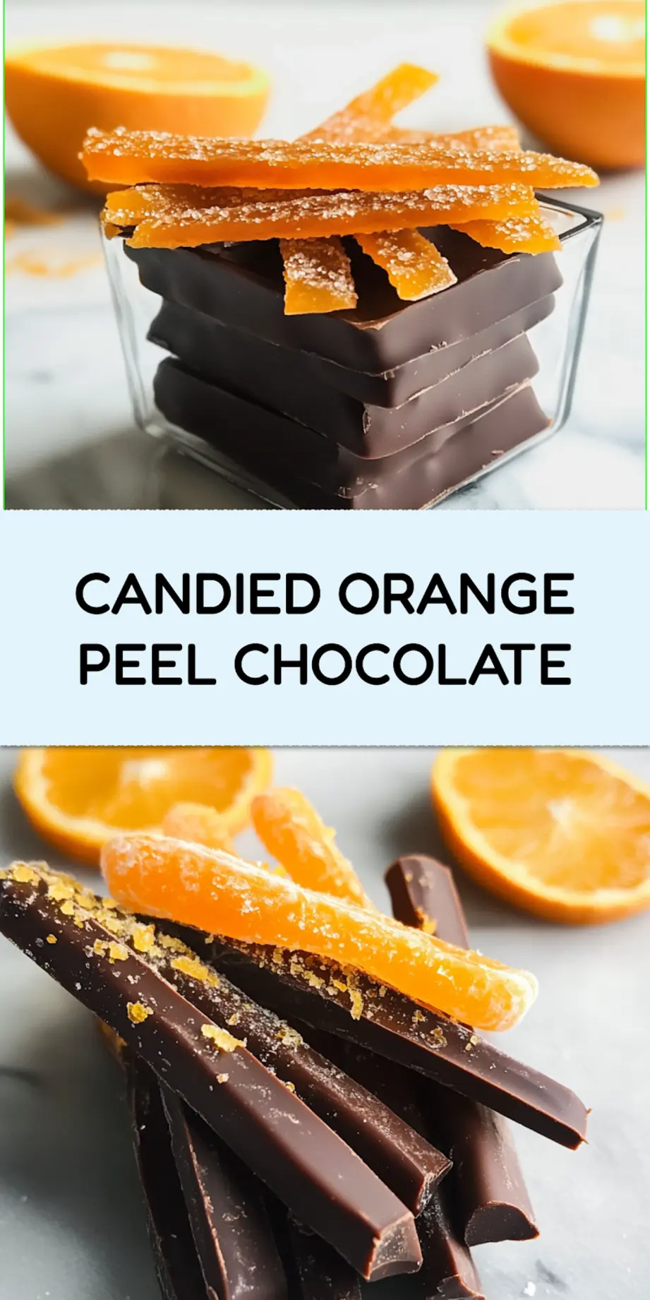 Candied orange peel chocolate centered hero view, clean and uncluttered pin