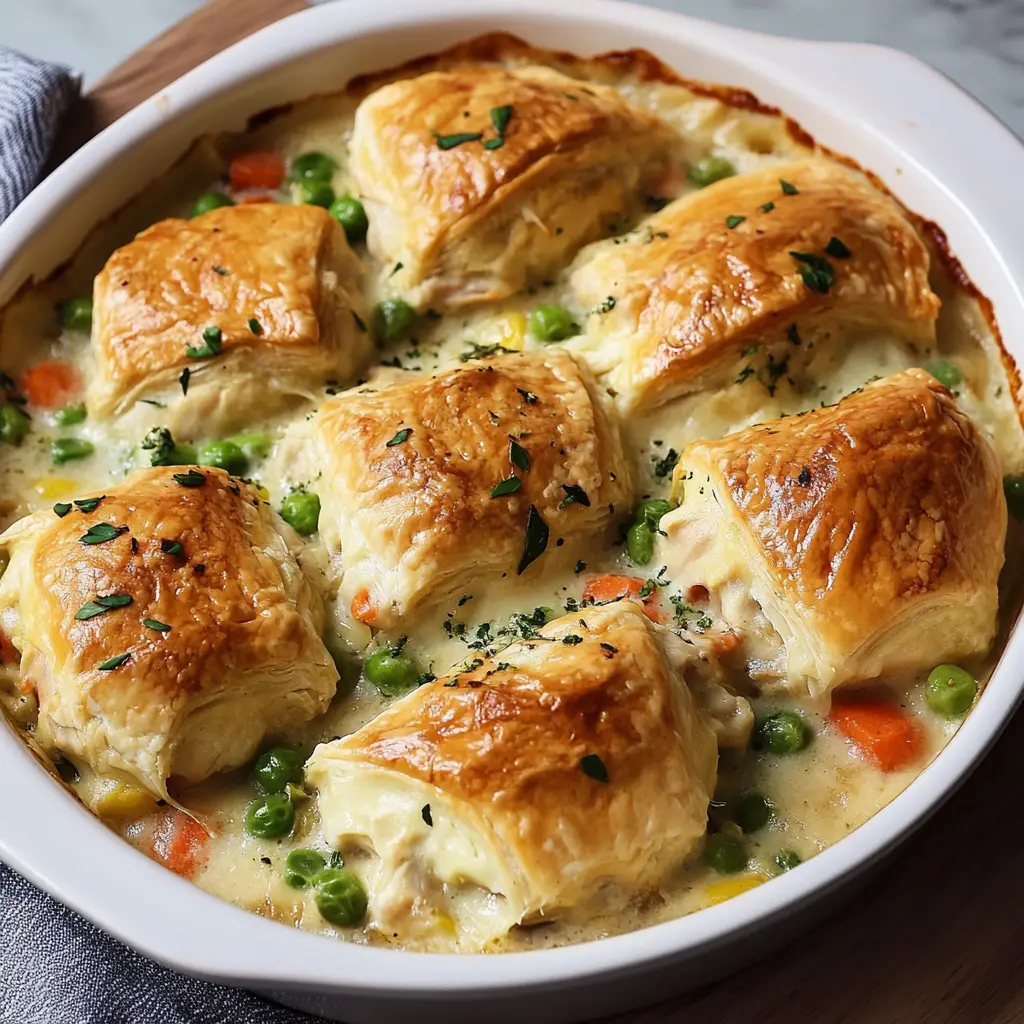 Chicken Pot Pie Casserole with golden biscuit topping and creamy filling