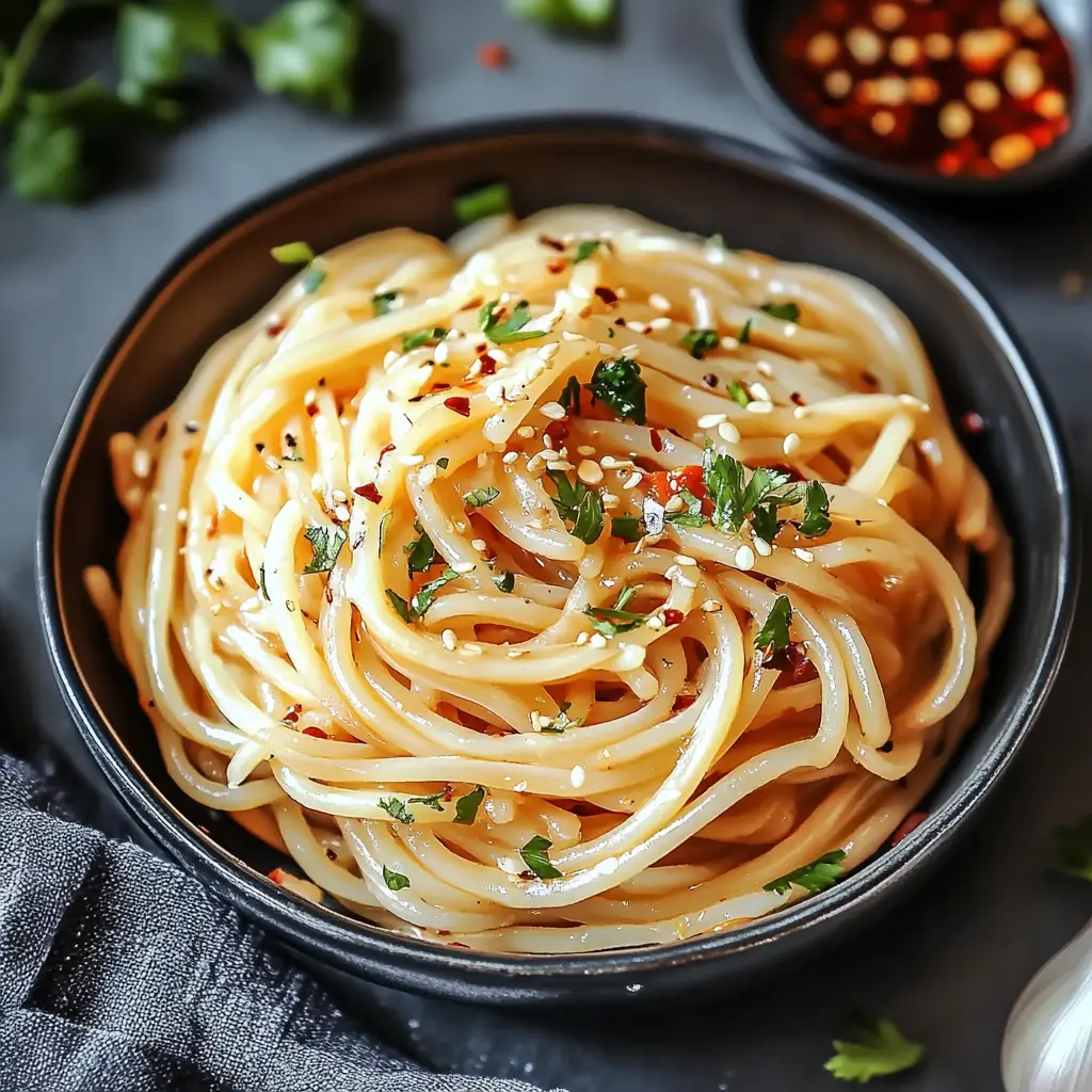 Chili garlic noodles in a bowl, glossy sauce coating each strand with visible garlic pieces and red pepper flakes