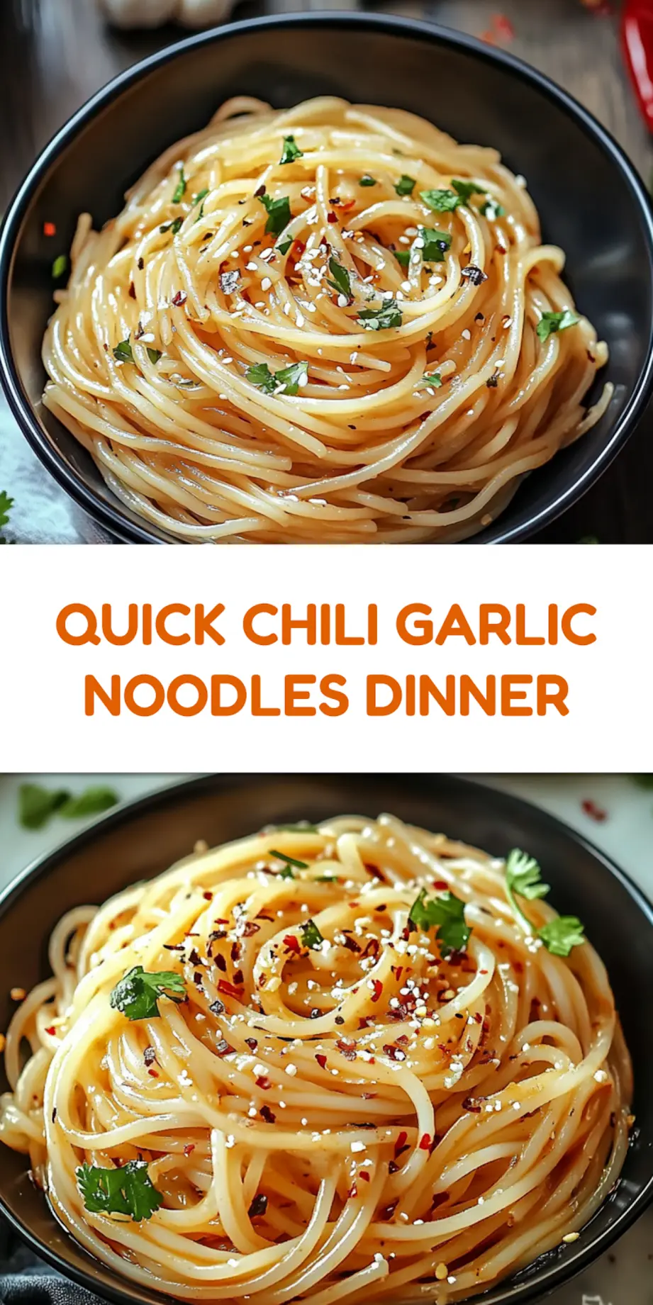 Chili garlic noodles overhead view with chopsticks, garnished with sesame seeds and green onions