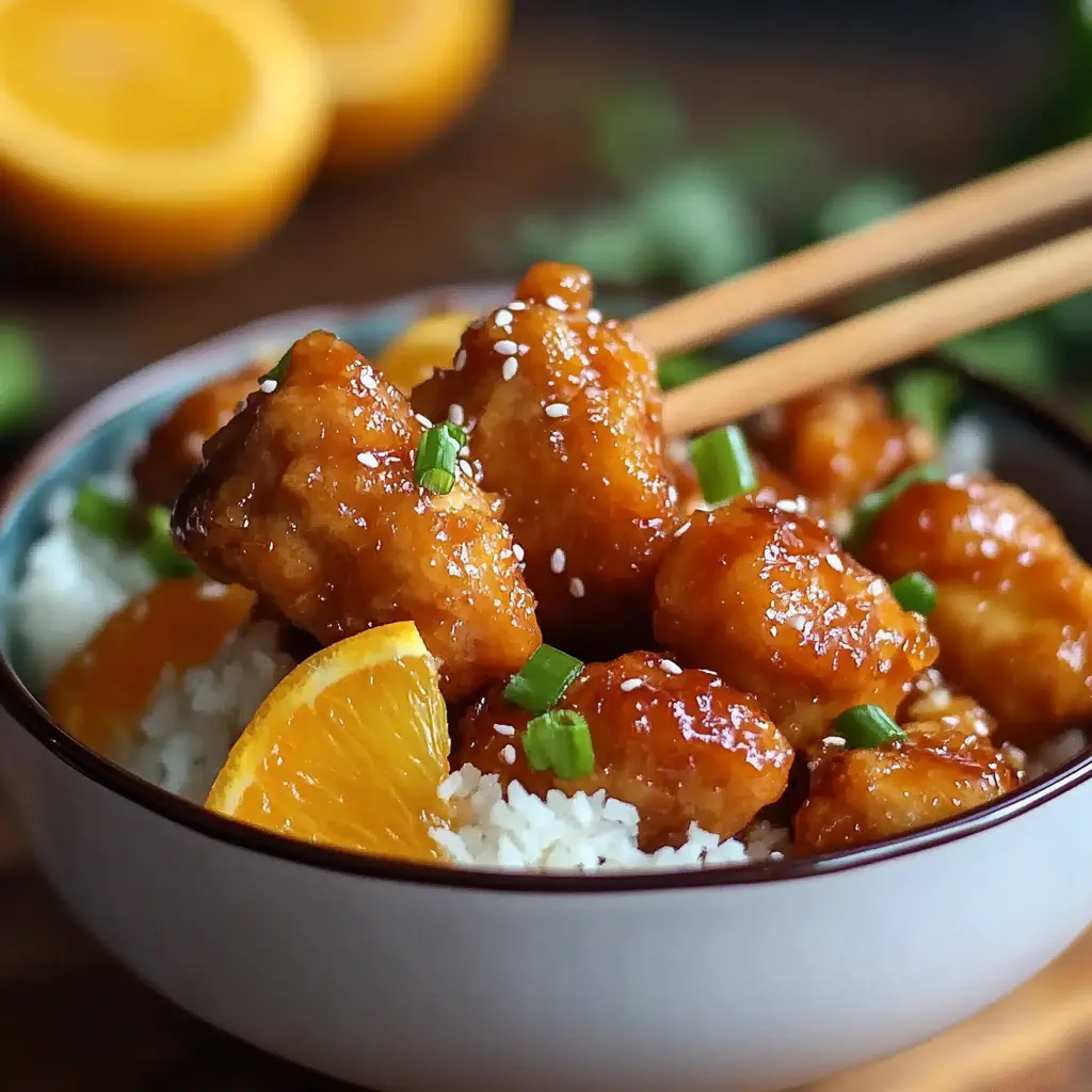 Chinese orange chicken recipe showing crispy chicken pieces with orange glaze