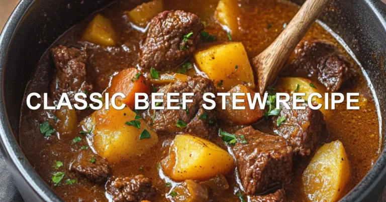 CLASSIC BEEF STEW RECIPE centered hero view, clean and uncluttered