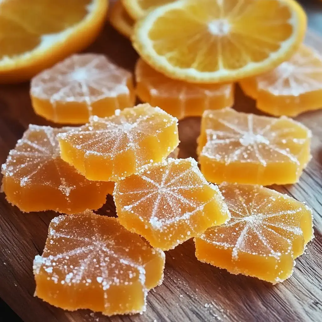 Classic homemade orange candy slices arranged on a white surface, glossy and translucent