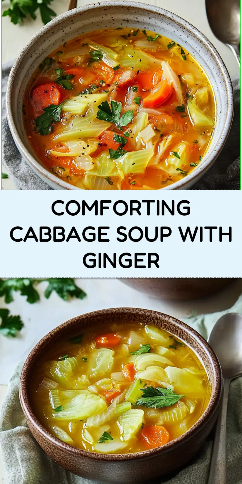 Comforting Cabbage Soup with Ginger: Easy Cozy Recipe 4 Comforting cabbage soup with ginger Pinterest pin image, centered hero view, clean and uncluttered