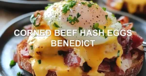CORNED BEEF HASH EGGS BENEDICT centered hero view, clean and uncluttered