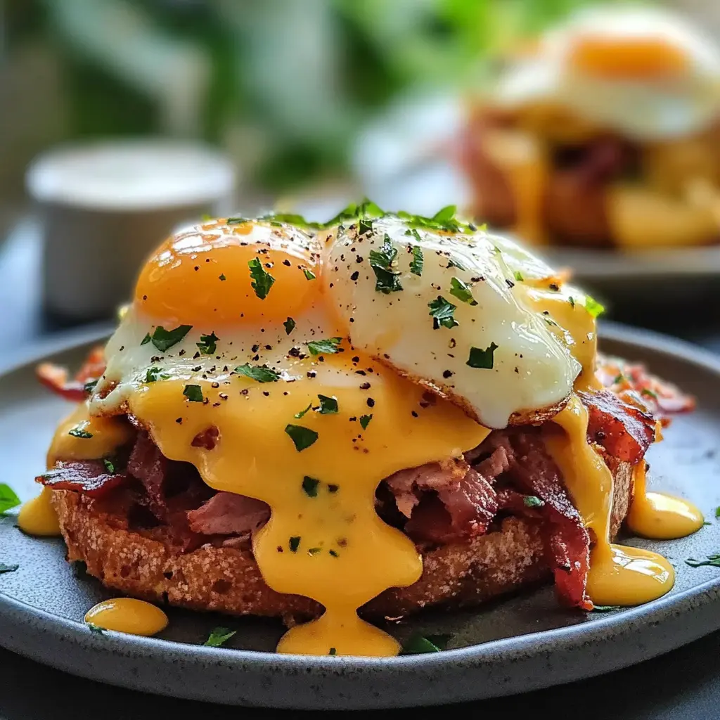 Corned beef hash eggs benedict plated view, clean and uncluttered