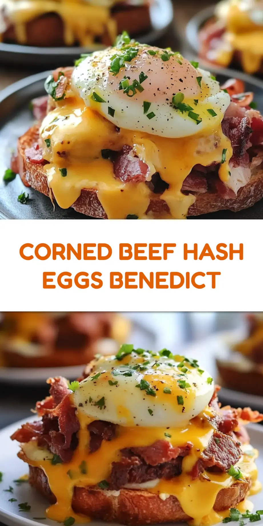 Close-up of corned beef hash eggs benedict with hollandaise sauce