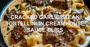 CRACKED GARLIC STEAK TORTELLINI IN CREAMHOUSE SAUCE BLISS centered hero view, clean and uncluttered