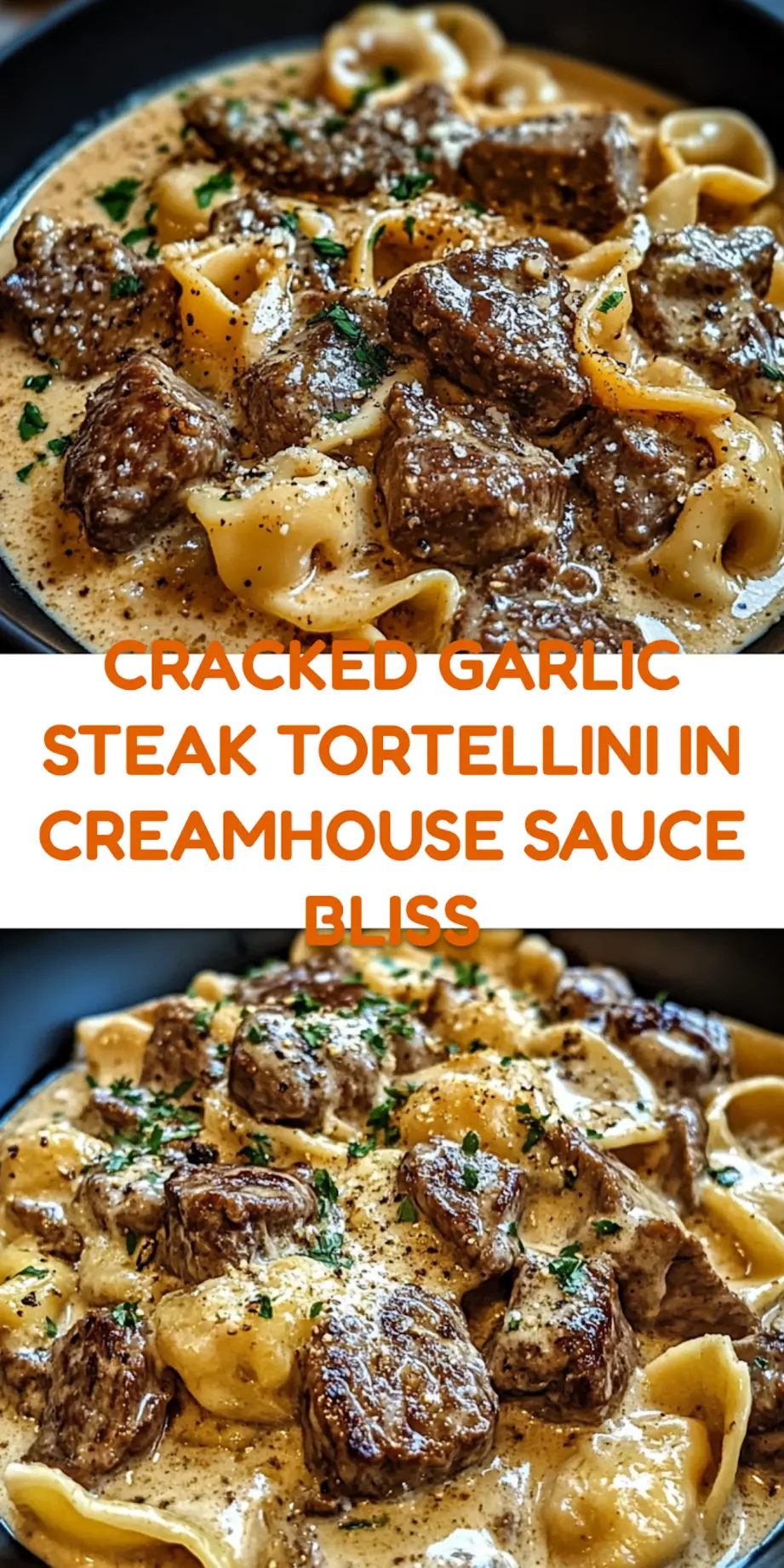 Cracked garlic steak tortellini in creamhouse sauce, centered hero view with a clean and uncluttered presentation