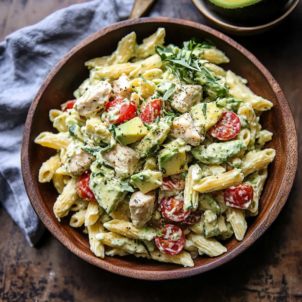 CREAMY AVOCADO CHICKEN PASTA SALAD centered hero view, clean and uncluttered