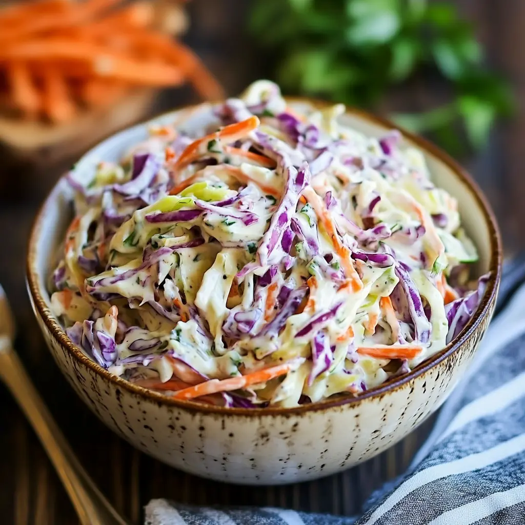 CREAMY GREEK YOGURT COLESLAW centered hero view, clean and uncluttered
